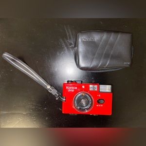 Red Konica Pop 35 mm classic film camera